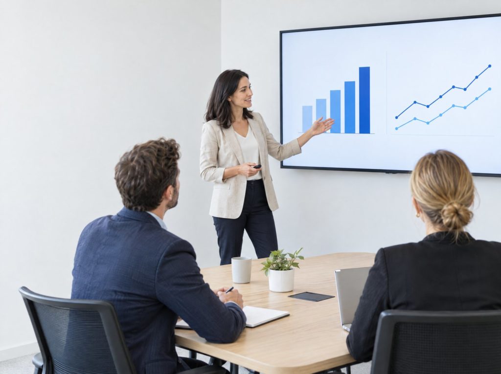 Manager presenting a safety performance chart on a large screen to colleagues in a meeting room