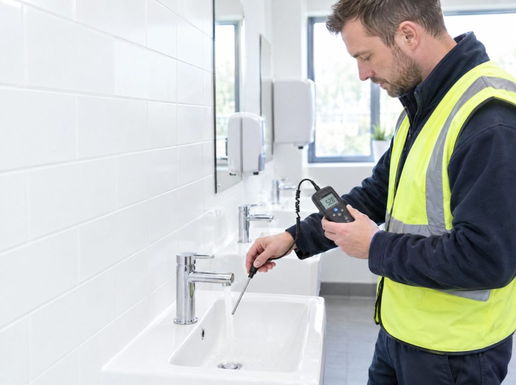 Water hygiene technician taking a hot water temperature reading at a tap