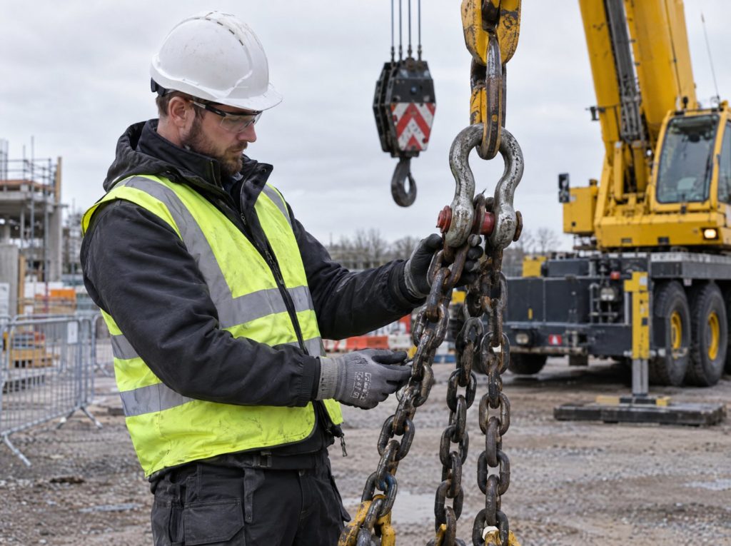 Lifting equipment inspector examining a chain sling and shackle on a construction site