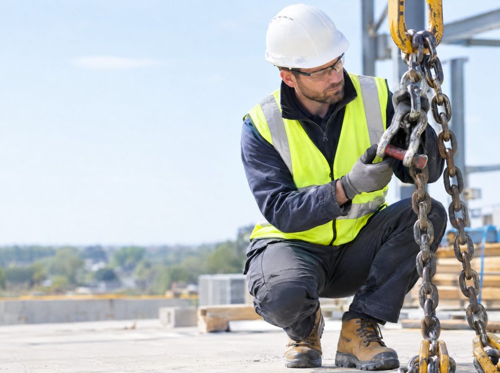 Lifting equipment inspector examining a chain sling and shackle on a construction site