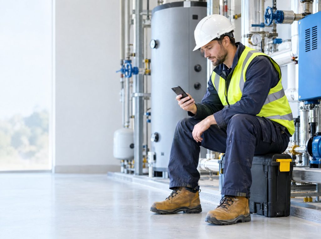 Lone maintenance engineer checking in on his phone while working alone in a plant room