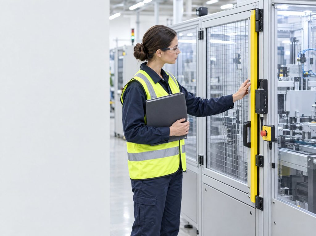Engineer in safety glasses and a hi-vis vest inspecting the interlocked guard door of a new machine with a technical file