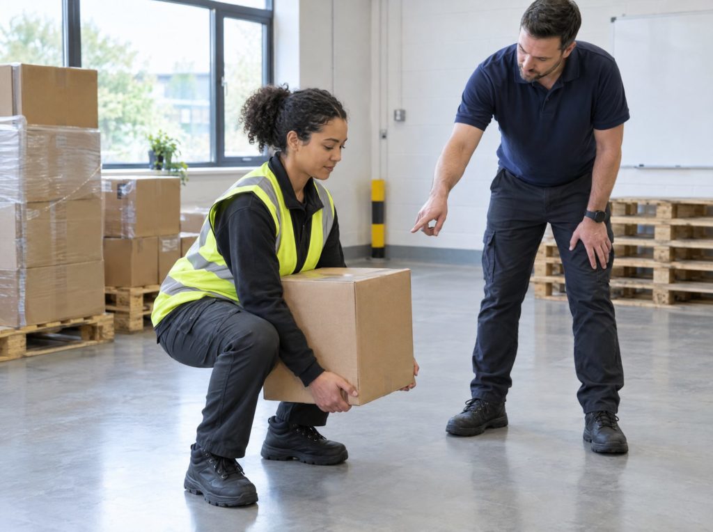 Trainer coaching a worker on safe lifting technique with a cardboard box