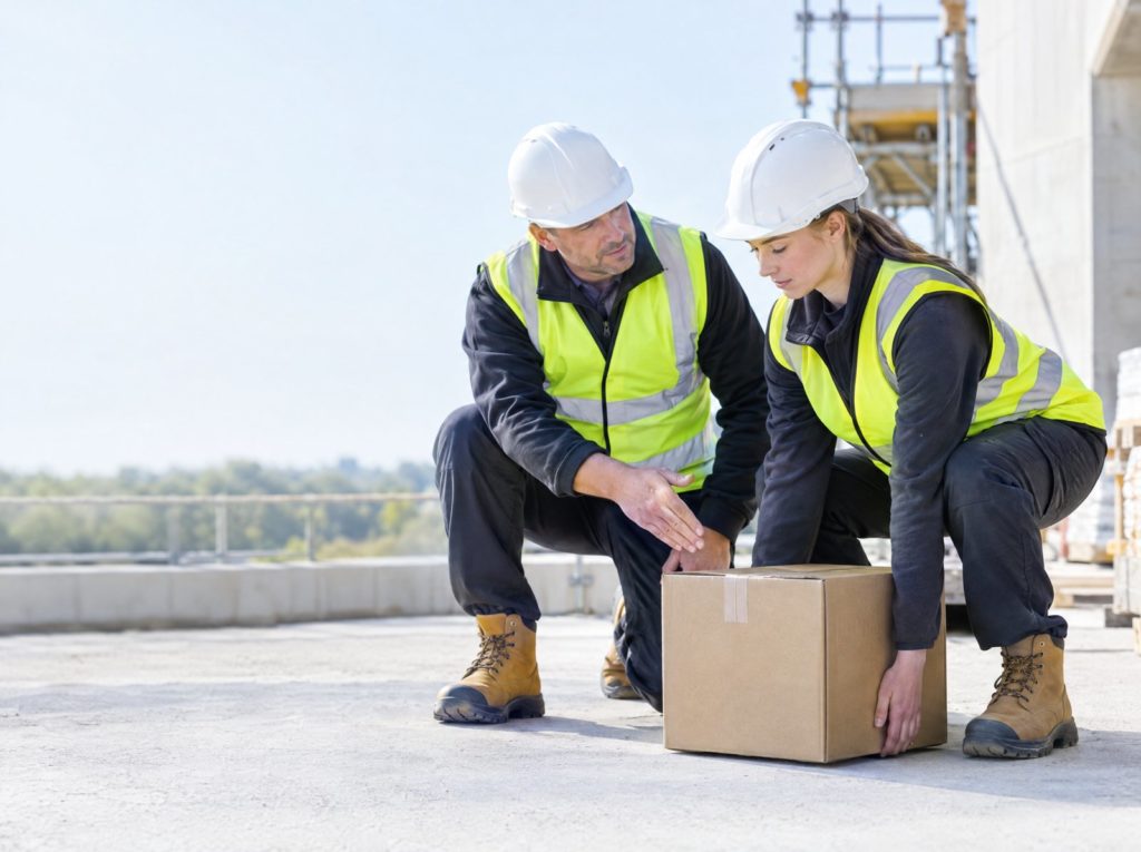 Trainer coaching a worker on safe lifting technique with a cardboard box
