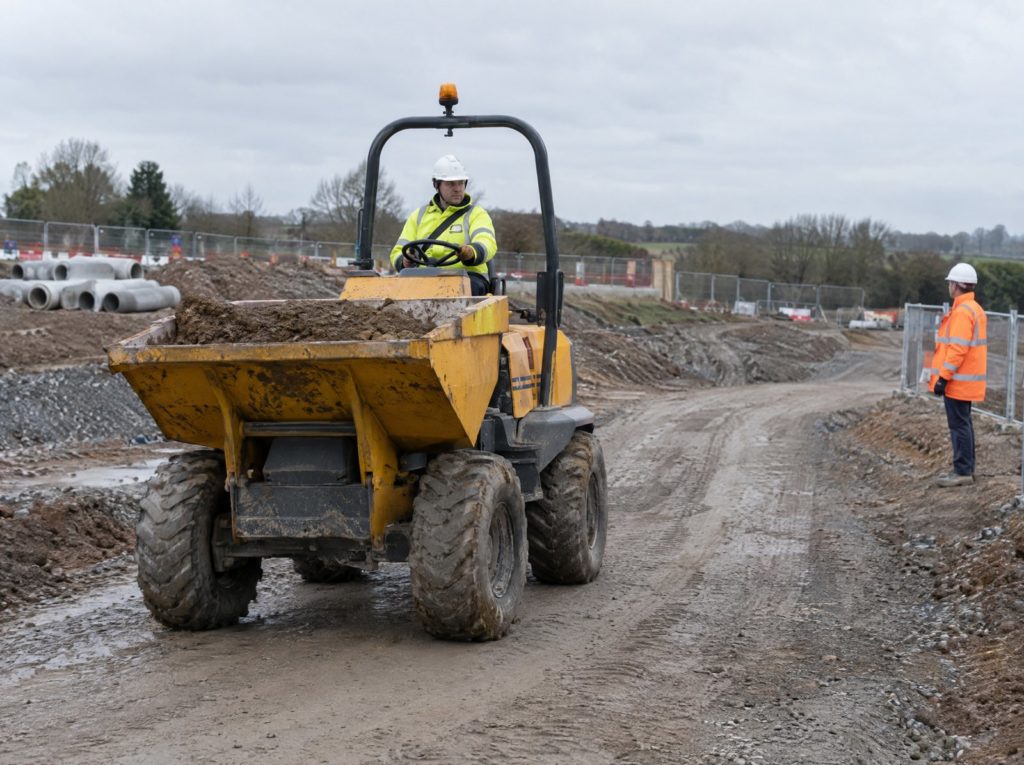 Dumper operator wearing a seat belt driving on a haul road with a plant marshal nearby
