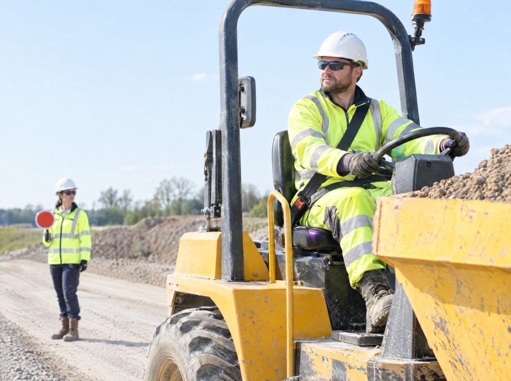Dumper operator wearing a seat belt driving on a haul road with a plant marshal nearby