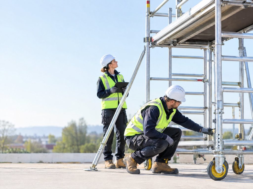 Two operatives in hard hats and hi-vis checking a mobile tower scaffold before working at height