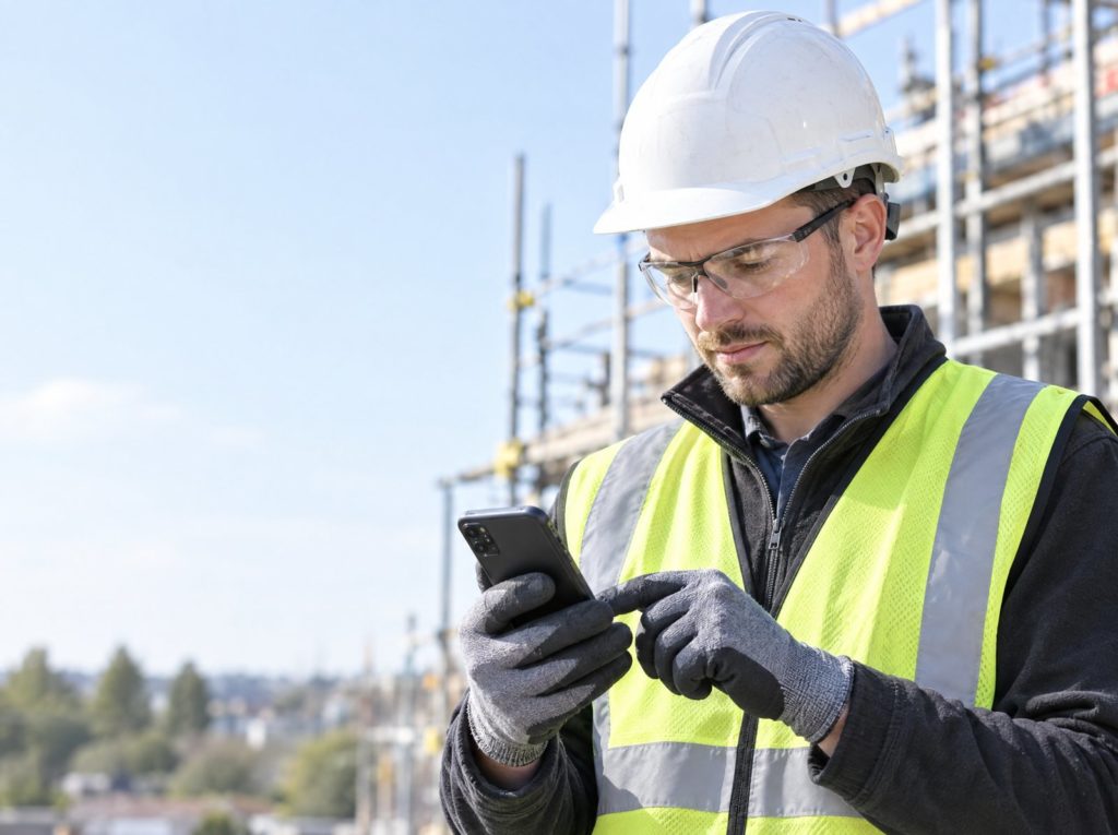 Site worker in a hard hat and hi-vis logging a near miss report on a mobile phone