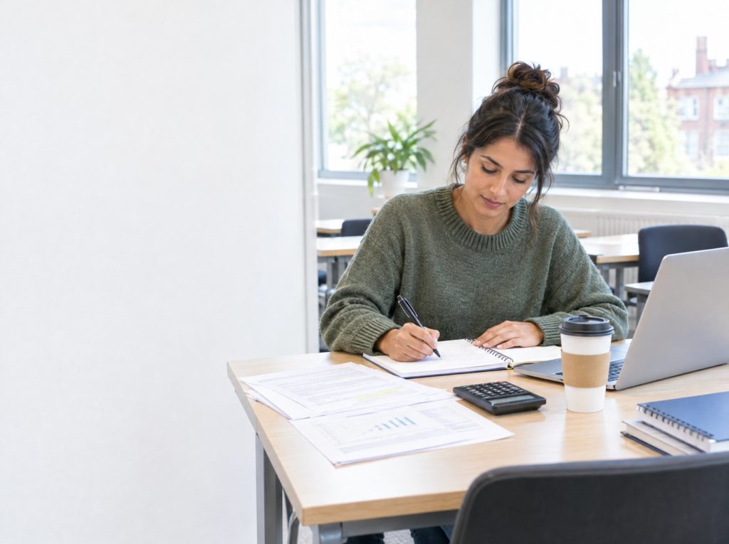A learner at a desk with a laptop, study notes and a calculator planning a NEBOSH course in a bright classroom