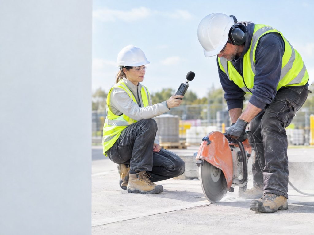 Advisor measuring noise beside a worker using a disc cutter with ear defenders