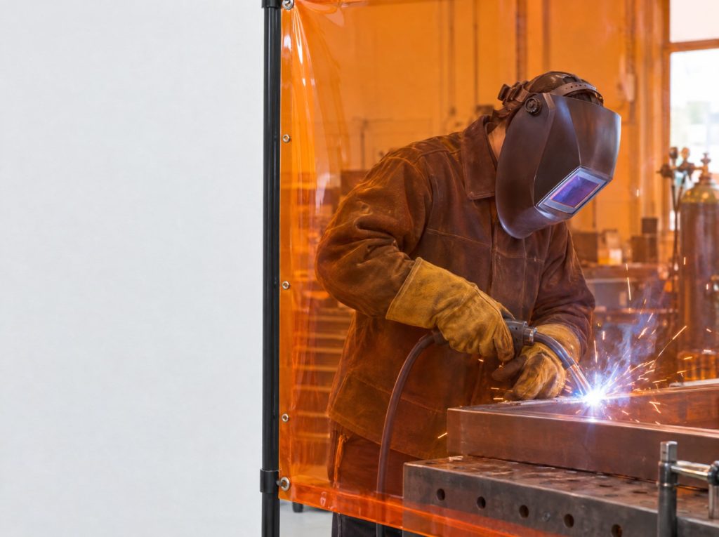 Welder in an auto-darkening helmet and leather gloves working behind an orange welding screen