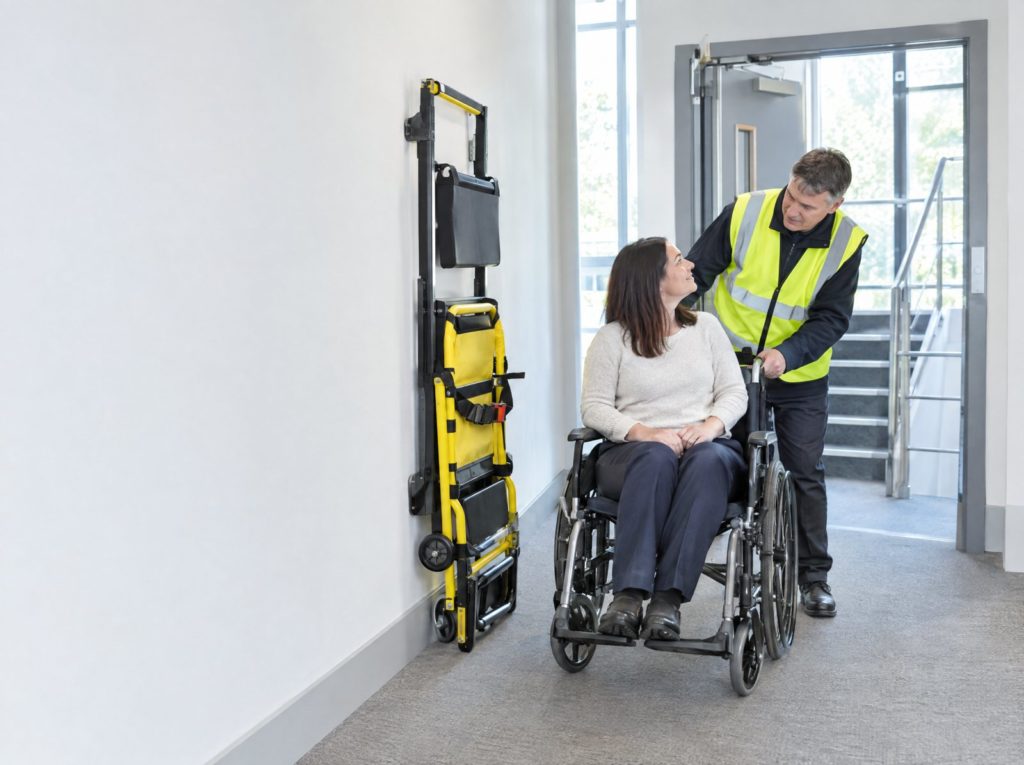 Fire warden assisting a woman using a wheelchair beside an evacuation chair near a stairwell