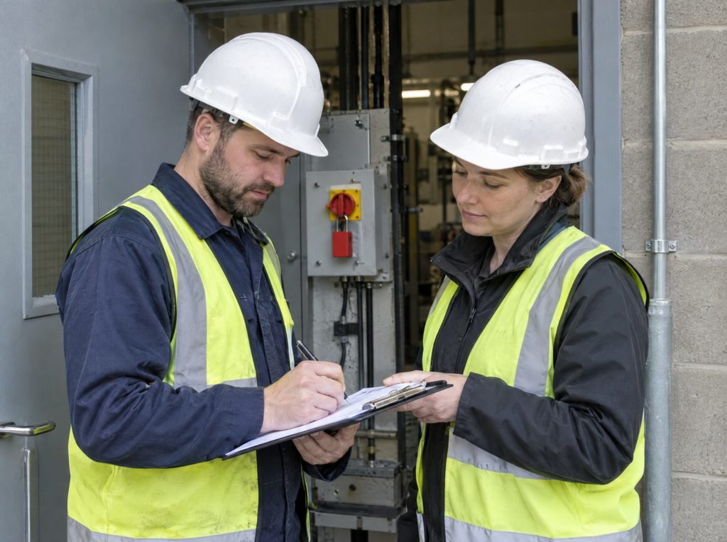 Supervisor and engineer signing a permit to work beside a locked off isolation point