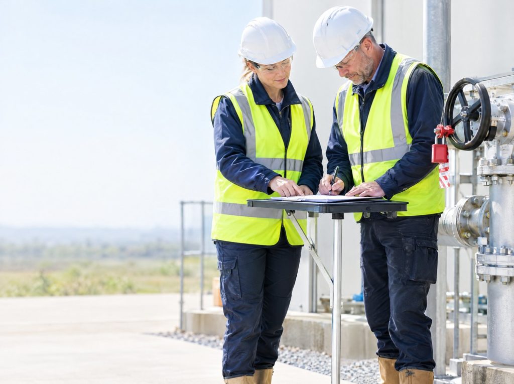 Supervisor and engineer signing a permit to work beside a locked off isolation point