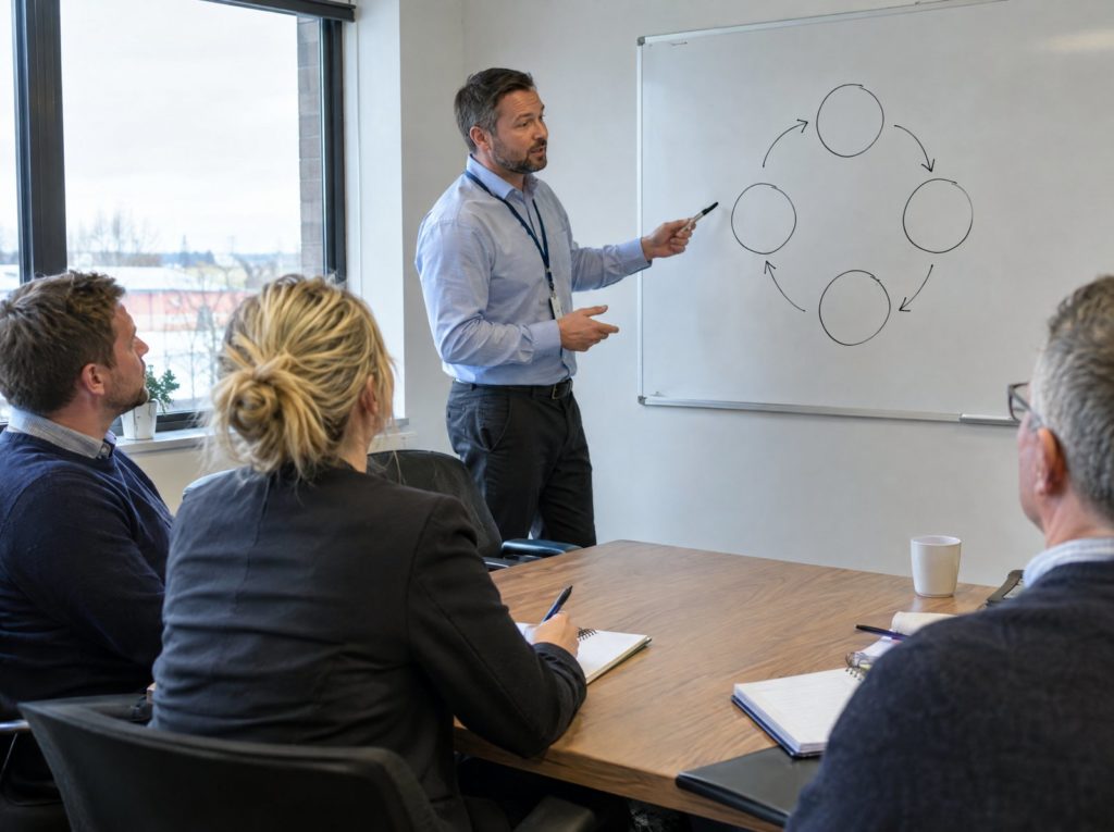 Health and safety manager presenting a four-step cycle diagram to a management team