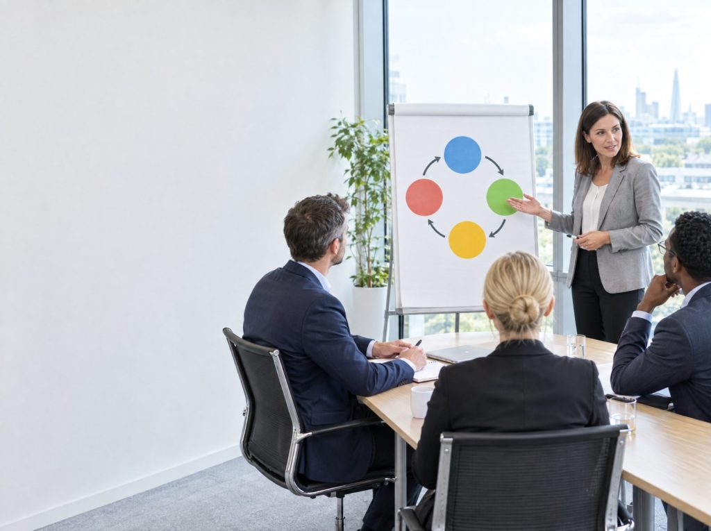 Health and safety manager presenting a four-step cycle diagram to a management team