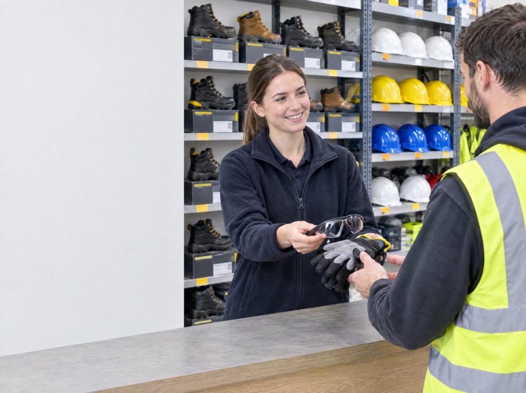 Store person handing safety glasses and gloves to a worker at a PPE issue counter