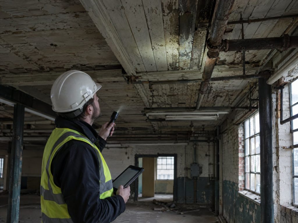 Surveyor with a tablet and torch inspecting an old industrial building before refurbishment