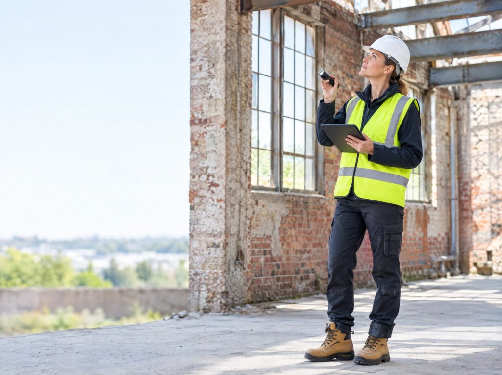 Surveyor with a tablet and torch inspecting an old industrial building before refurbishment