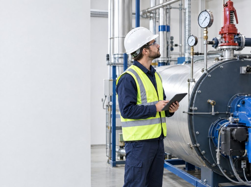 Engineer in a hard hat and hi-vis vest with a tablet examining an industrial steam boiler and its gauges