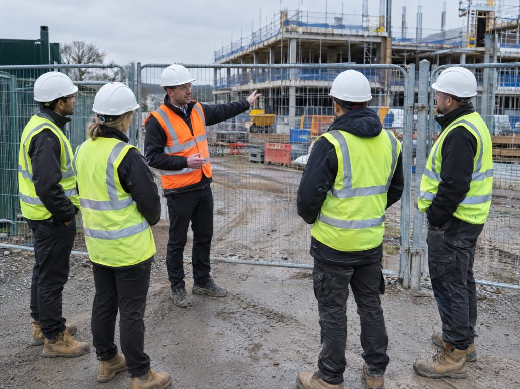 Principal contractor site manager briefing subcontractor supervisors at the site entrance