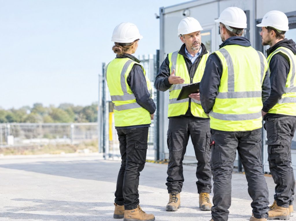 Principal contractor site manager briefing subcontractor supervisors at the site entrance