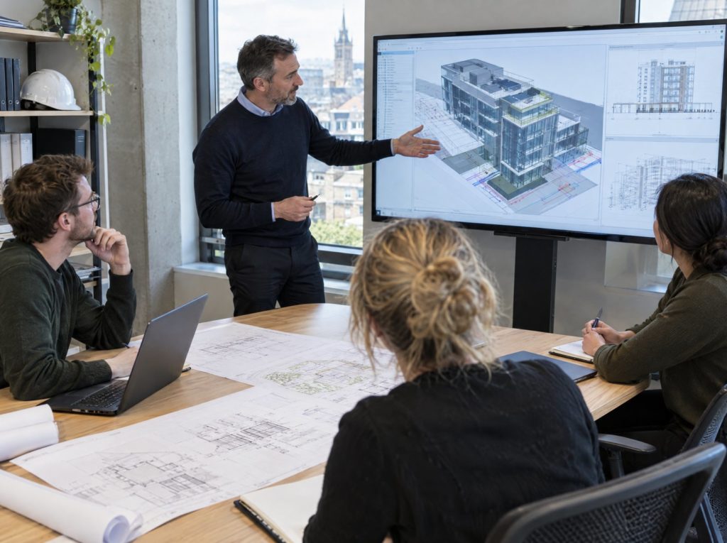 Principal designer leading a design coordination meeting with three designers around a building model
