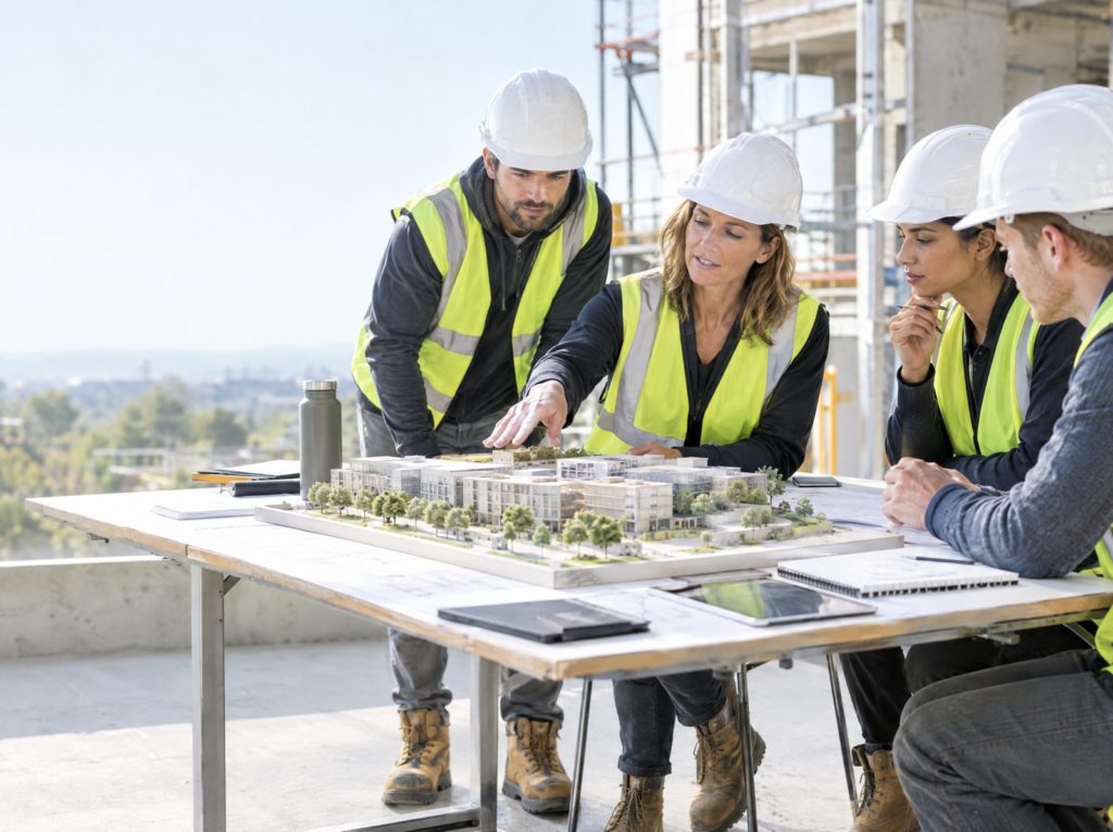 Principal designer leading a design coordination meeting with three designers around a building model