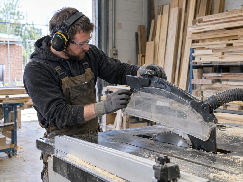 Site operative carrying out a pre use check on the guard of a table saw in a workshop