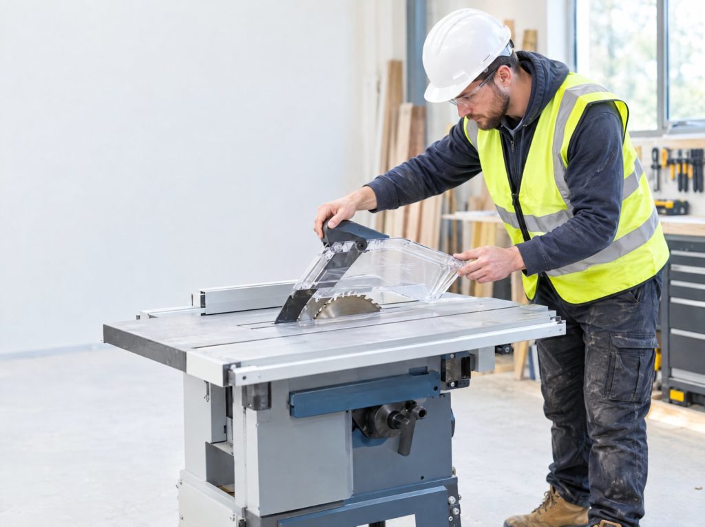 Site operative carrying out a pre use check on the guard of a table saw in a workshop
