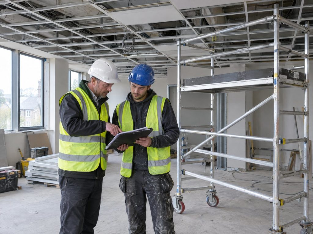 Site manager and a worker reviewing a printed method statement on a clipboard beside a mobile tower