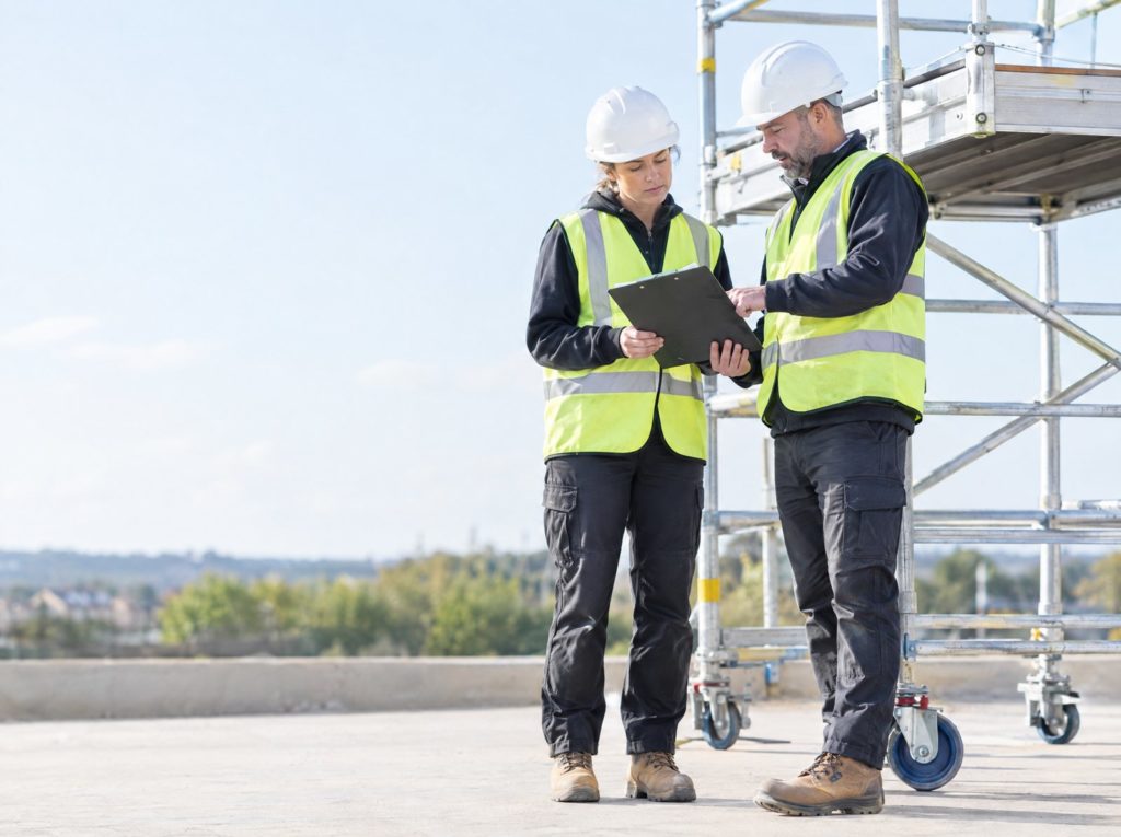 Site manager and a worker reviewing a printed method statement on a clipboard beside a mobile tower