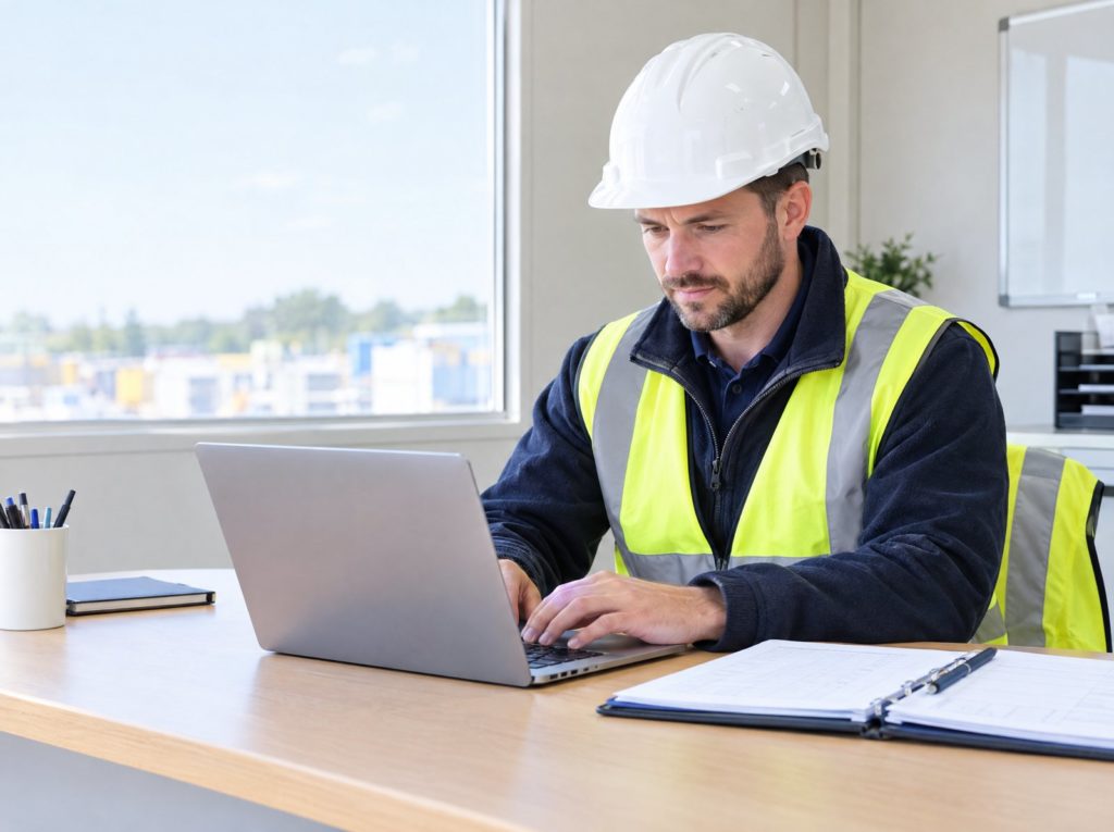Site manager completing an accident report on a laptop in a site office with an accident book on the desk
