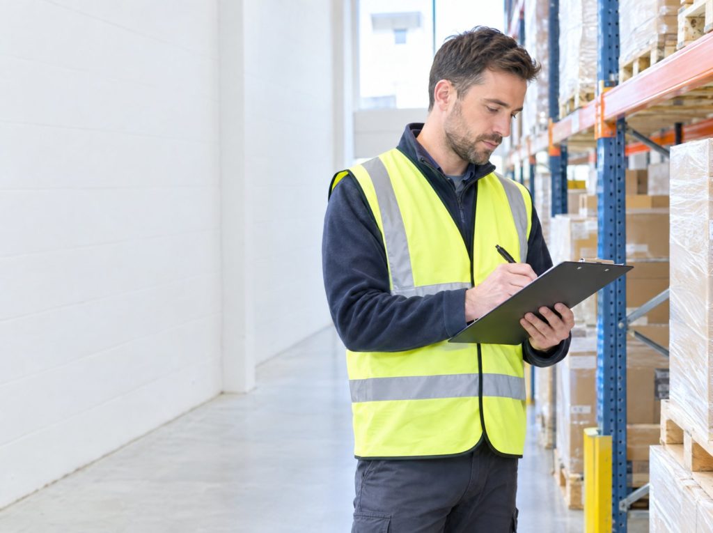 Warehouse supervisor filling in a risk assessment form on a clipboard beside racking