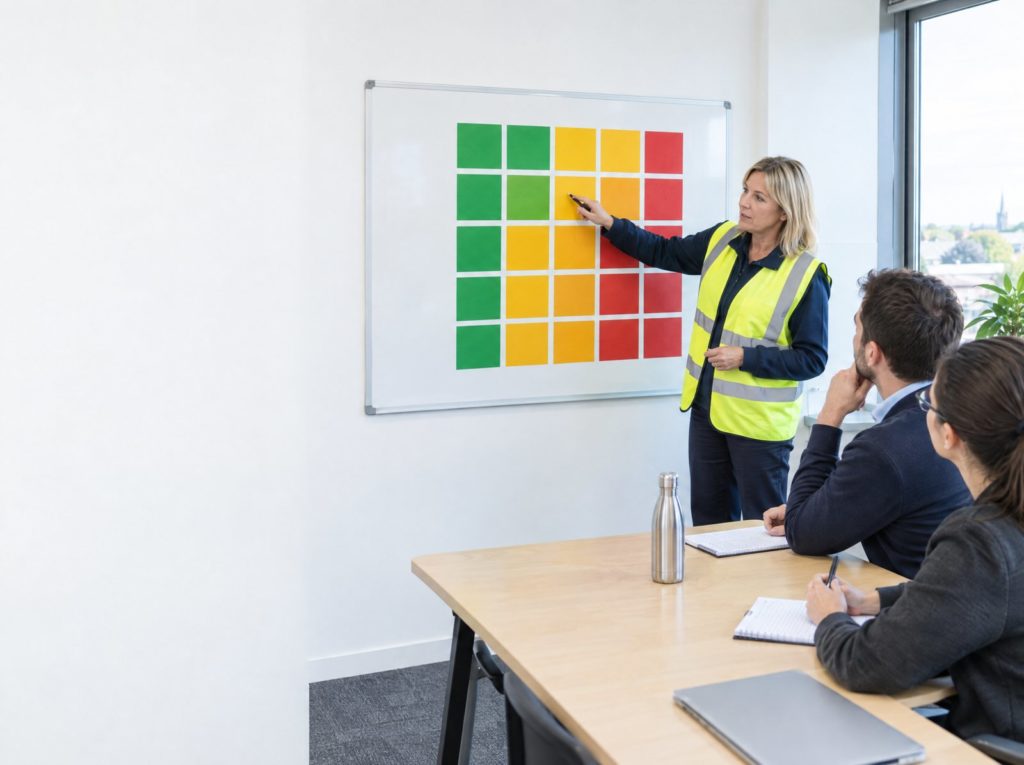 Health and safety manager pointing at a coloured risk matrix grid on a whiteboard