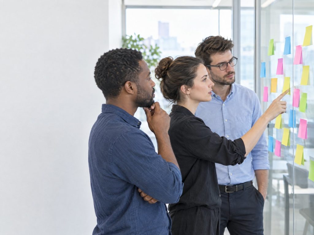 Team of three reviewing sticky notes on a glass wall during an incident review meeting