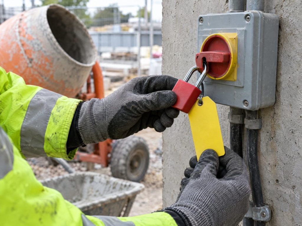 Worker applying a padlock and danger tag to an isolation switch before starting maintenance