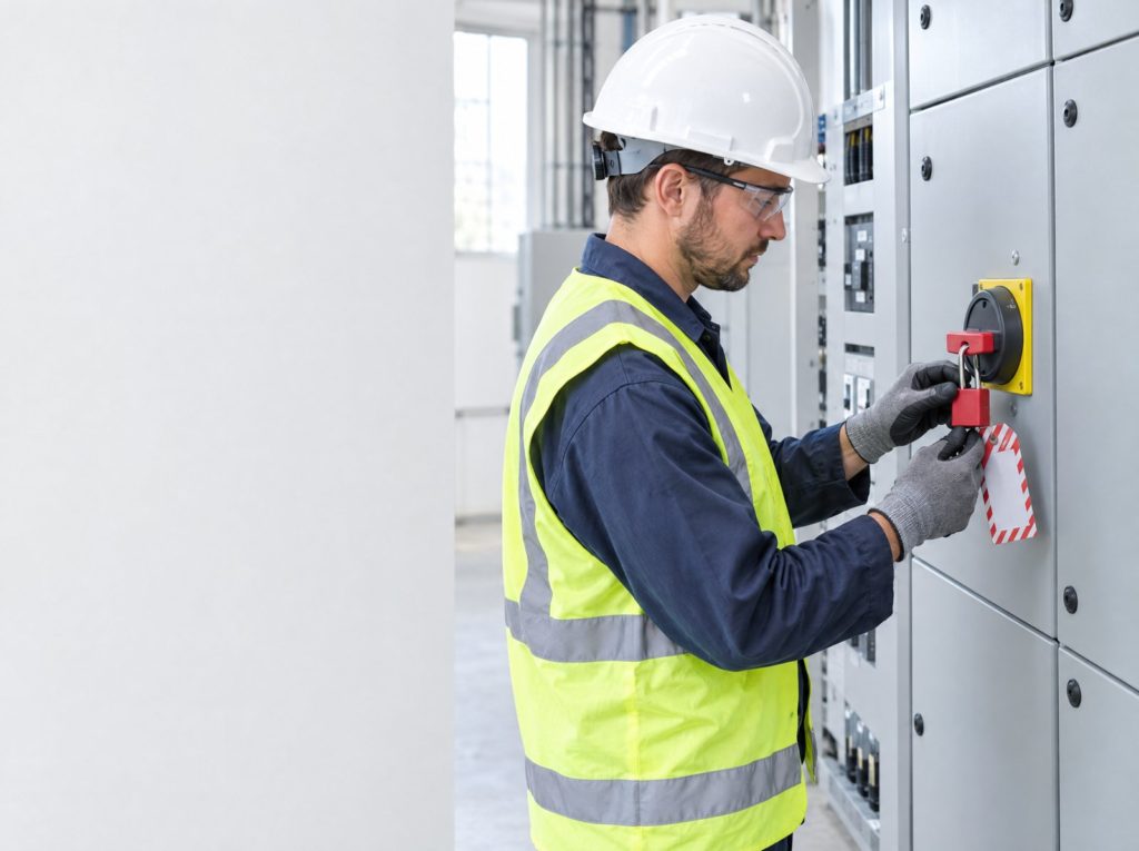 Worker applying a padlock and danger tag to an isolation switch before starting maintenance