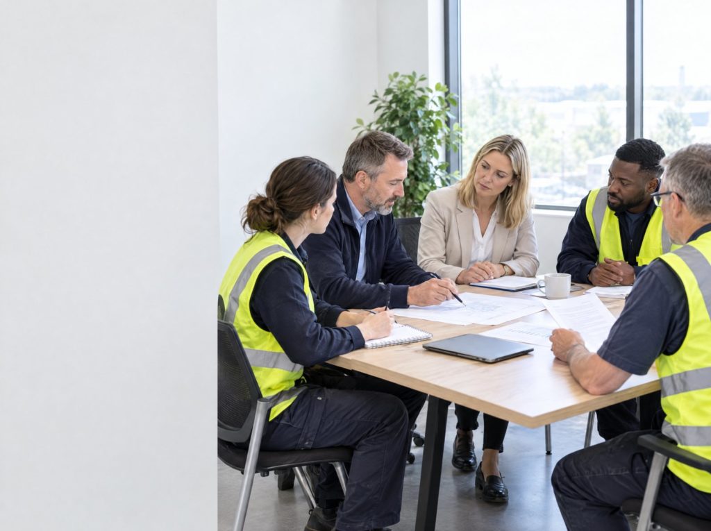 Health and safety committee of managers and workers in hi-vis vests meeting around a table