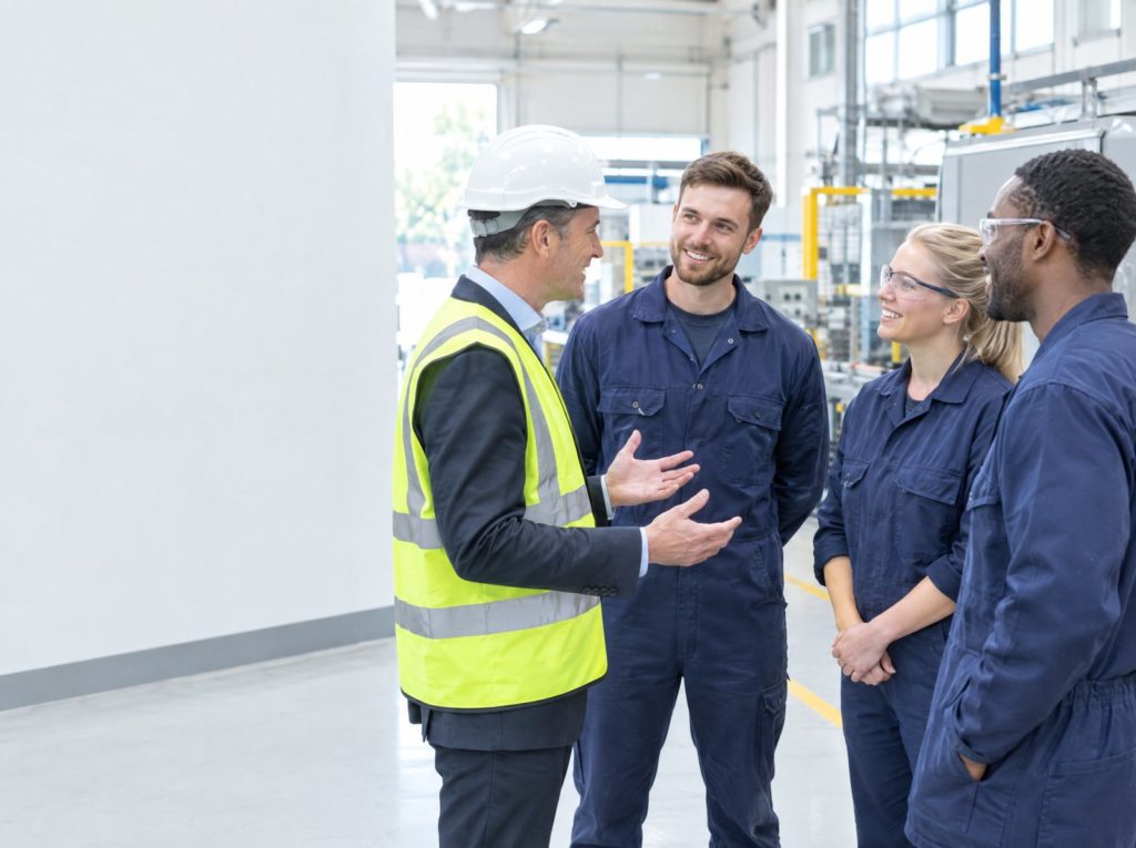Company director in a hard hat talking with three workers on a factory floor
