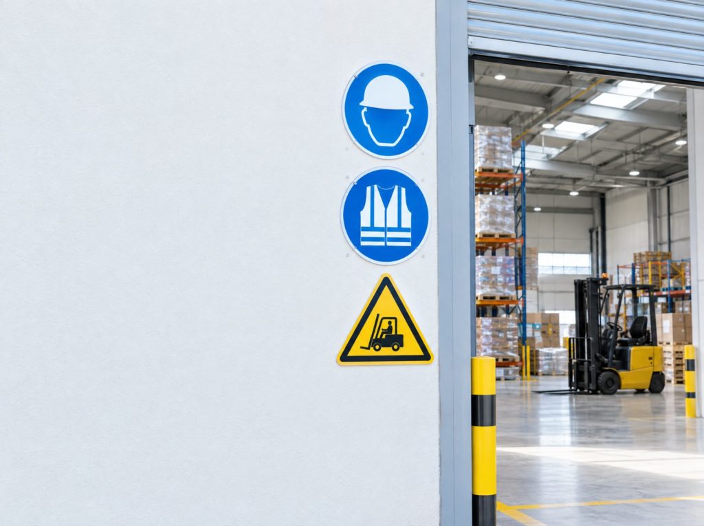 Mandatory hard hat and hi-vis signs and a warning sign mounted on a wall beside a warehouse doorway
