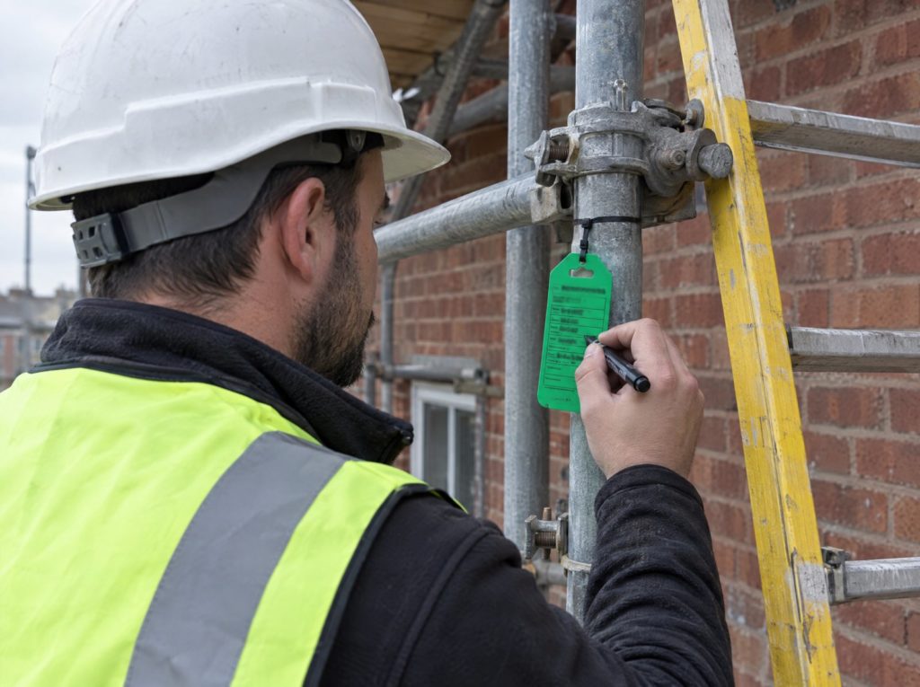 Scaffold inspector writing on a green scaffold tag fixed to a scaffold access point