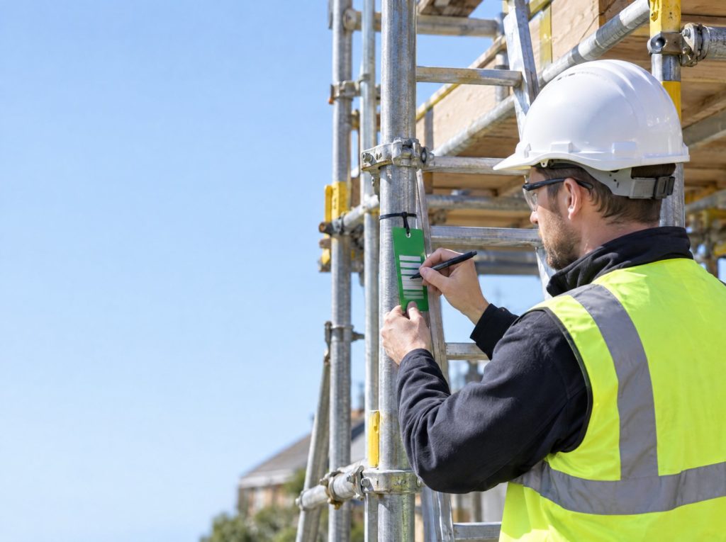 Scaffold inspector writing on a green scaffold tag fixed to a scaffold access point