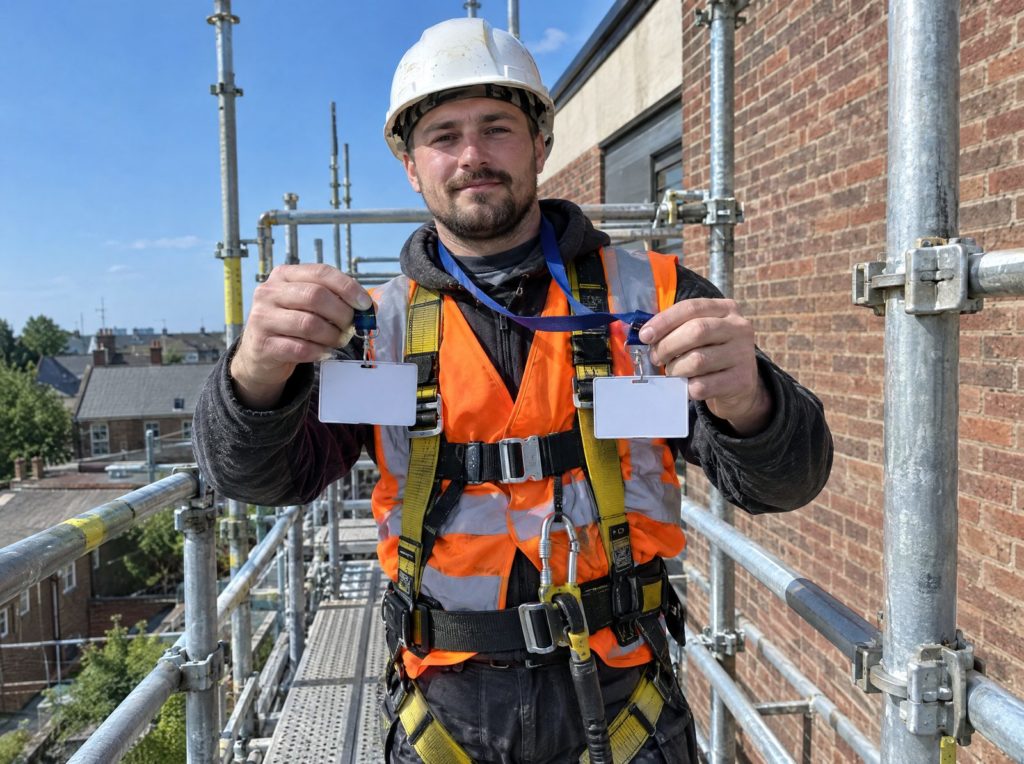 Scaffolder in a harness on a UK site holding two site cards on a lanyard