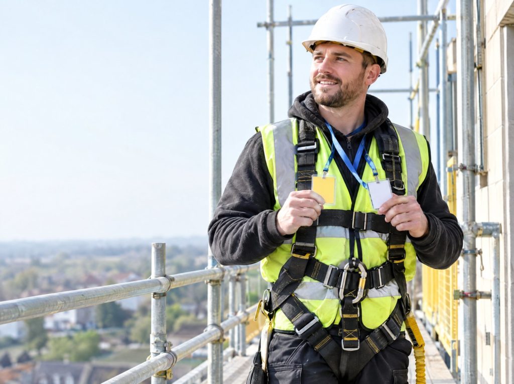 Scaffolder in a harness on a UK site holding two site cards on a lanyard