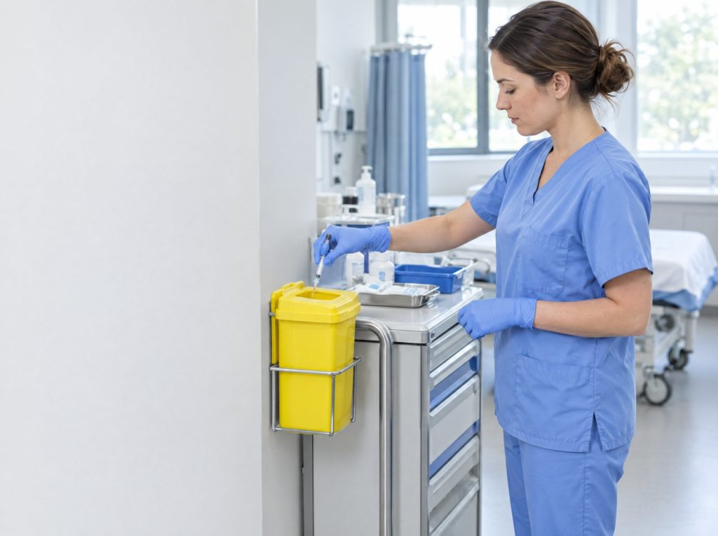 Nurse in scrubs and gloves placing a used syringe into a sharps bin on a treatment trolley