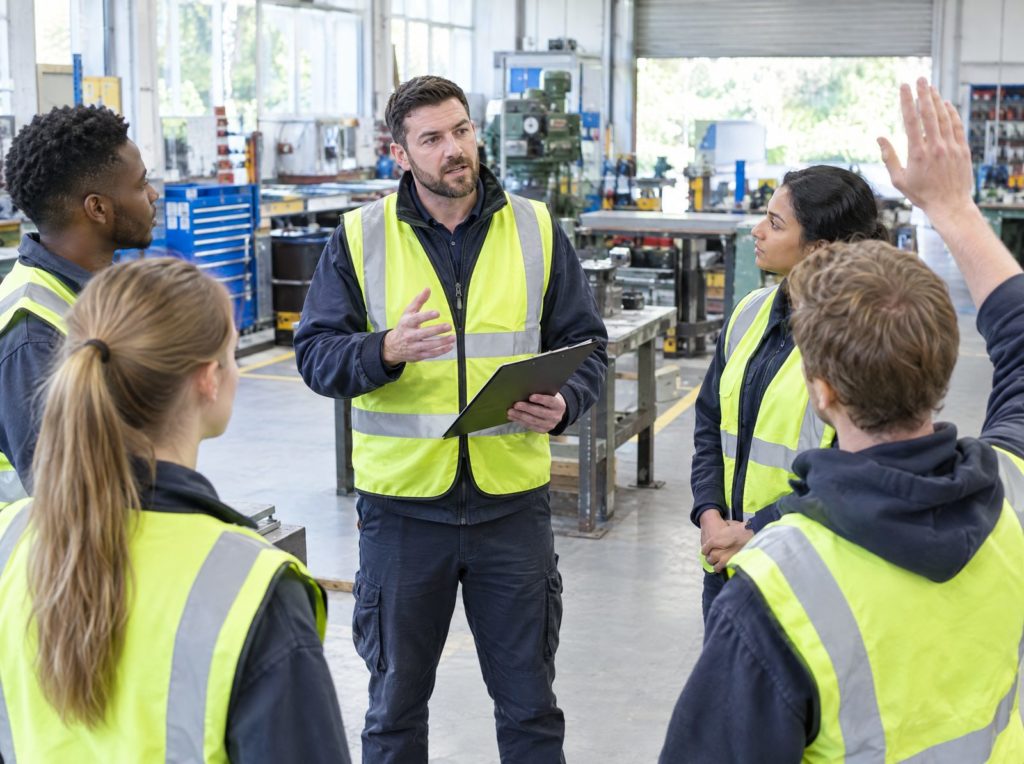 Manager giving a start of shift health and safety briefing to a team in a workshop
