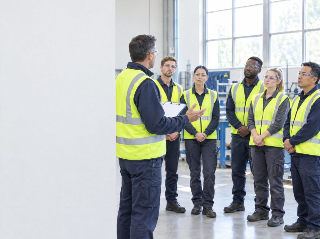 Manager giving a start of shift health and safety briefing to a team in a workshop