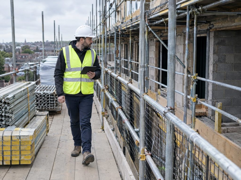 Site manager carrying out a site safety inspection with a tablet beside a scaffold