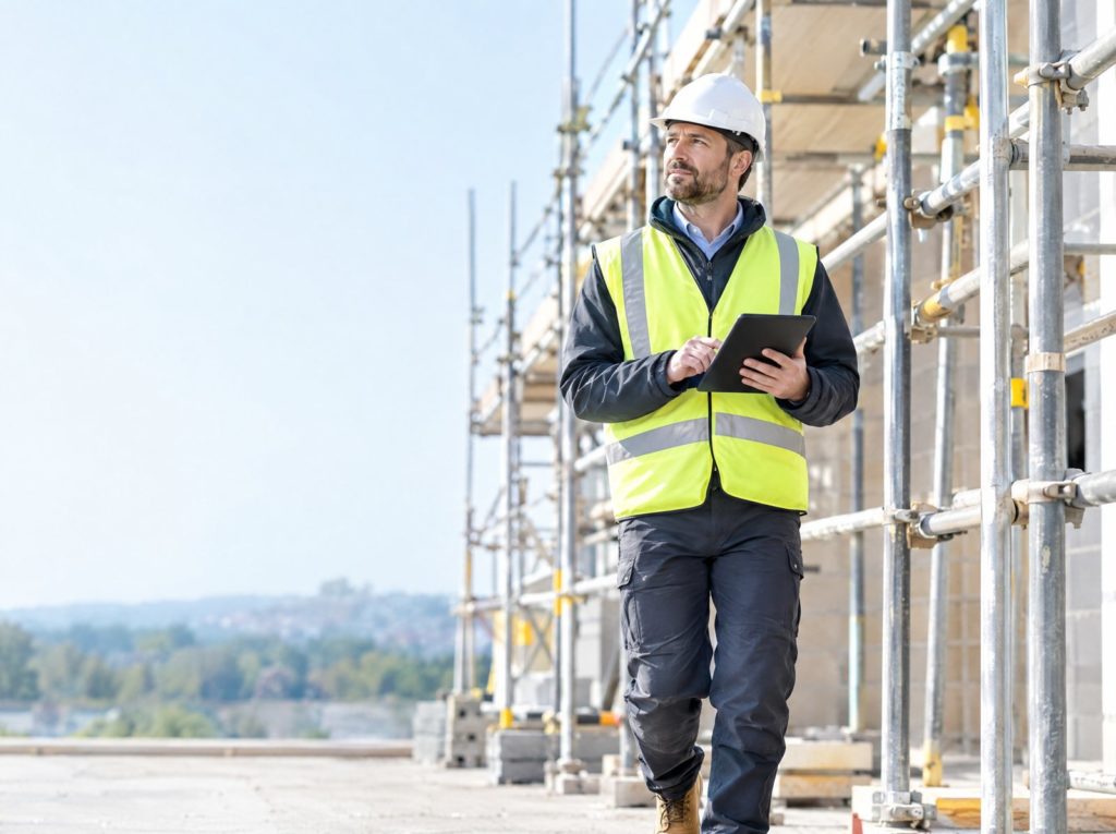Site manager carrying out a site safety inspection with a tablet beside a scaffold